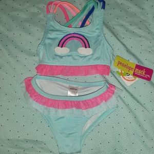 🆕️ Penelope Mack Two Piece Swimsuit Aqua Rainbow Bikini Toddler Girls 2T